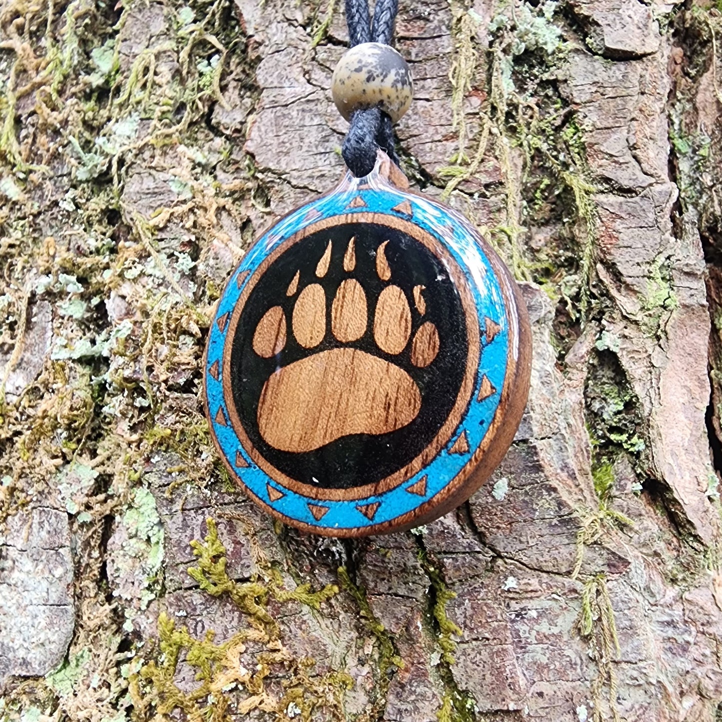 Black Tourmaline - Turquoise - Bear Totem - Paw - Wood Pendant - Necklace
