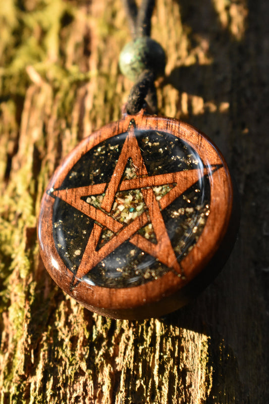 Azurite & Black Tourmaline - Pentagram Wood Pendant - Necklace