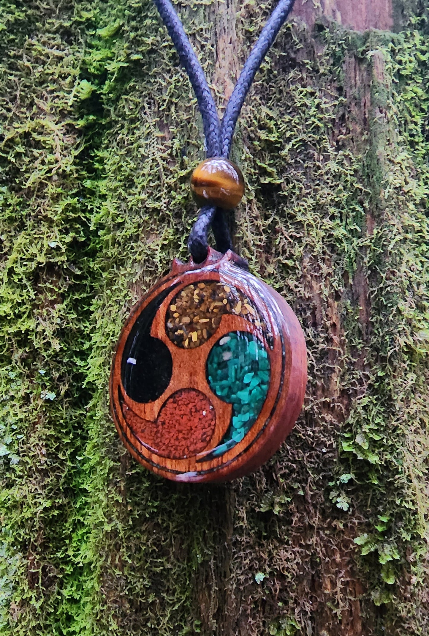Yottsudomoe Wood Pendant - Necklace with Black Tourmaline - Malachite -Tigers Eye - Red Jasper