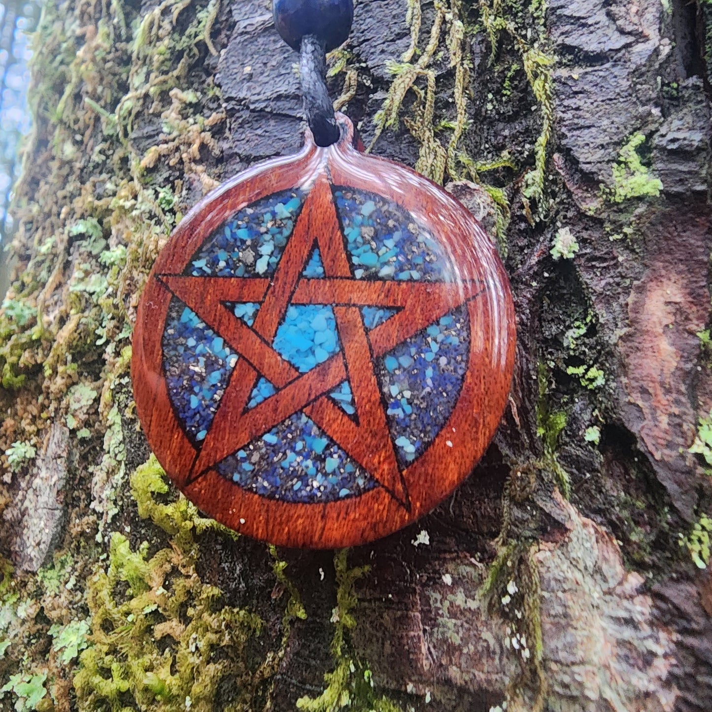 Turquoise - Lapis Lazuli & Pyrite Pentagram Wood Pendant - Necklace