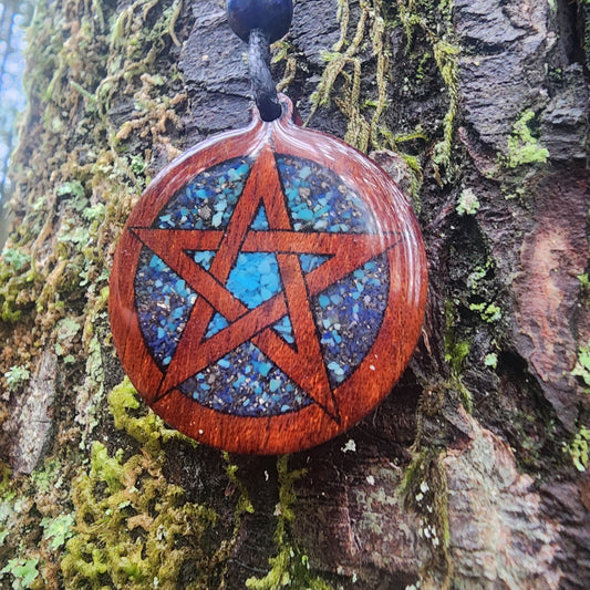 Turquoise - Lapis Lazuli & Pyrite Pentagram Wood Pendant - Necklace