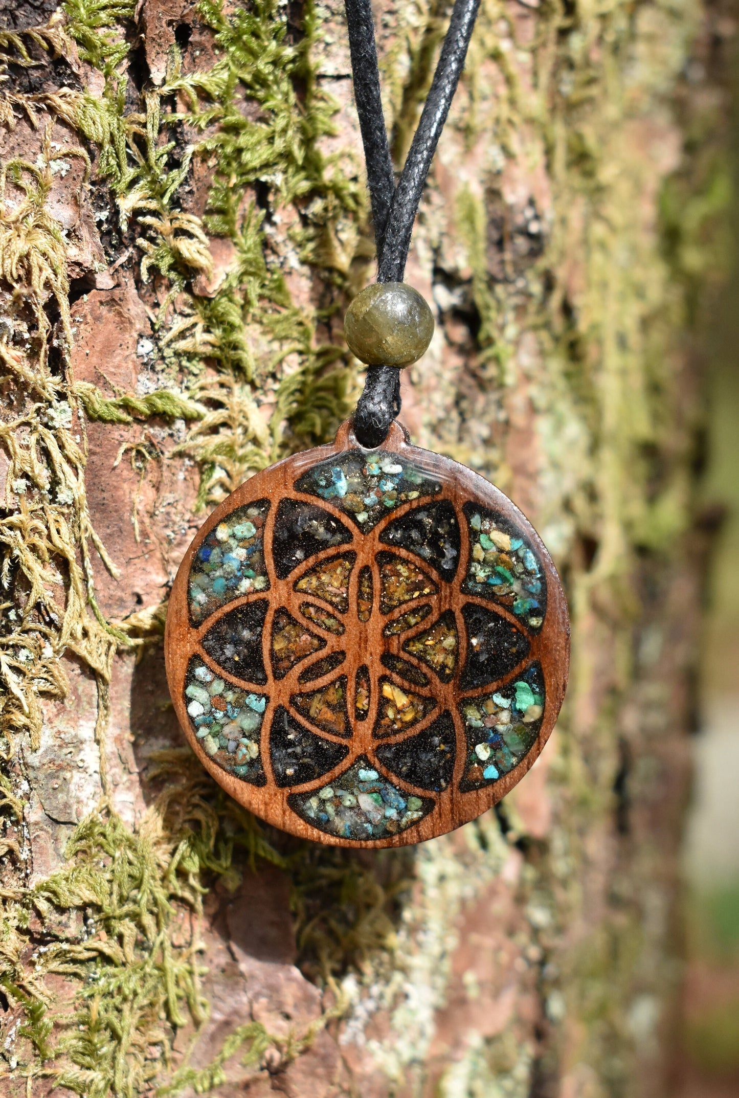 Seed of Life Pendant - Necklace with Phoenix Turquoise - Pyrite - Tigers Eye - Black Tourmaline - Labradorite