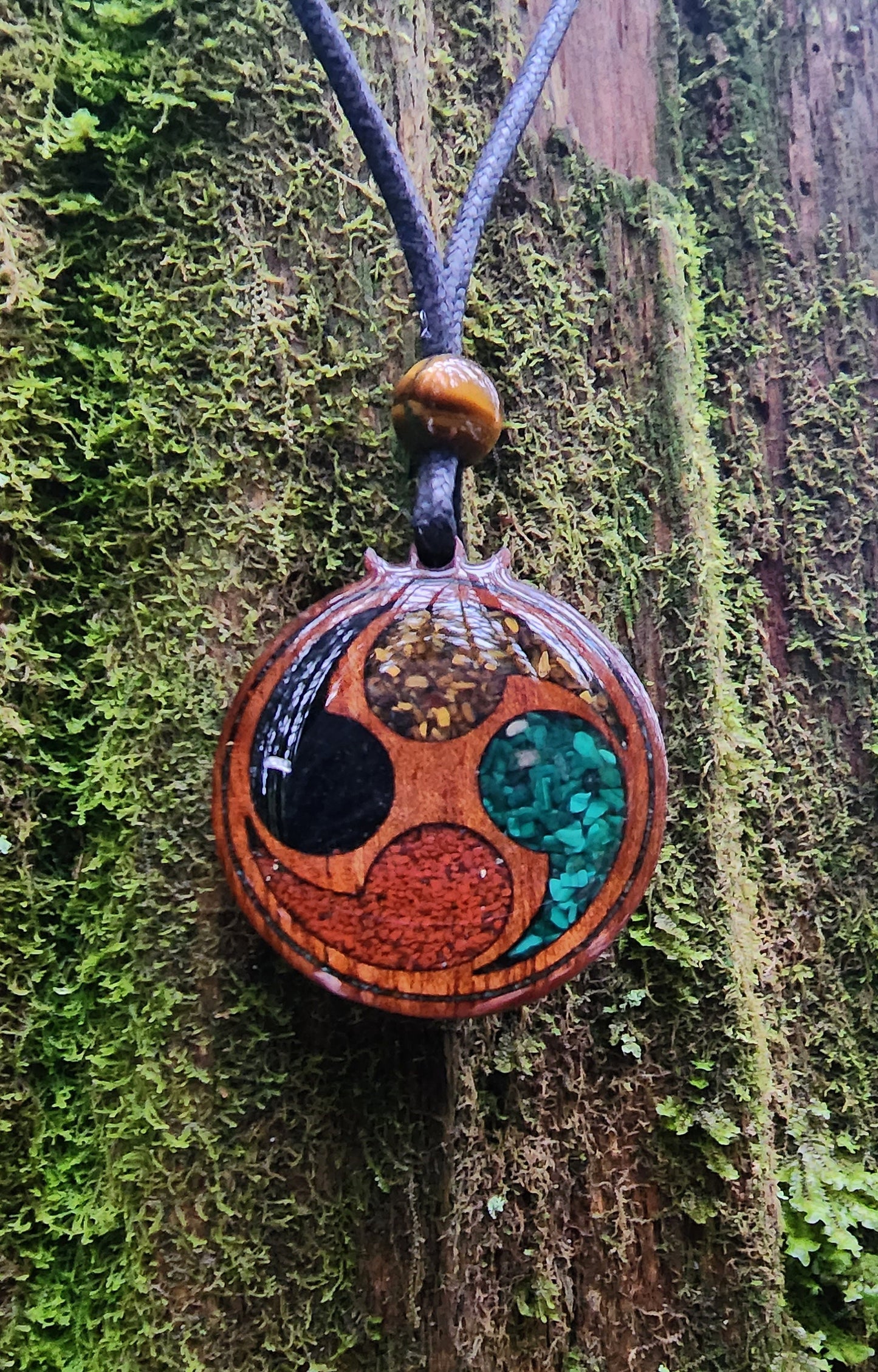 Yottsudomoe Wood Pendant - Necklace with Black Tourmaline - Malachite -Tigers Eye - Red Jasper