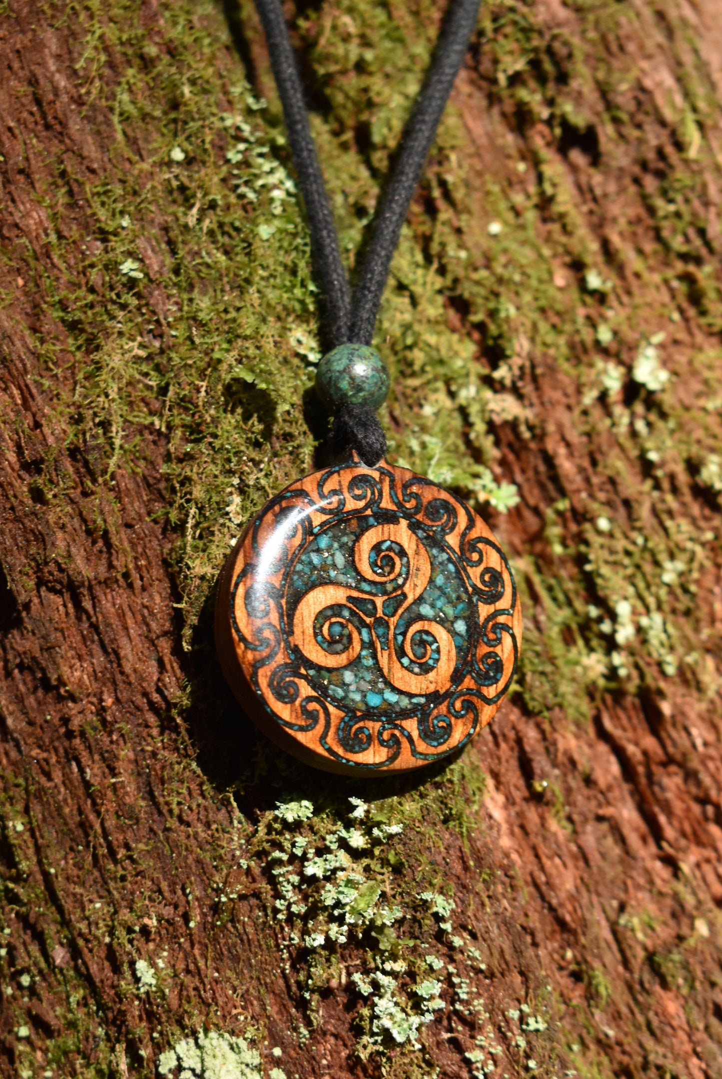 Chrysocolla Triskelion Wood Pendant - Necklace