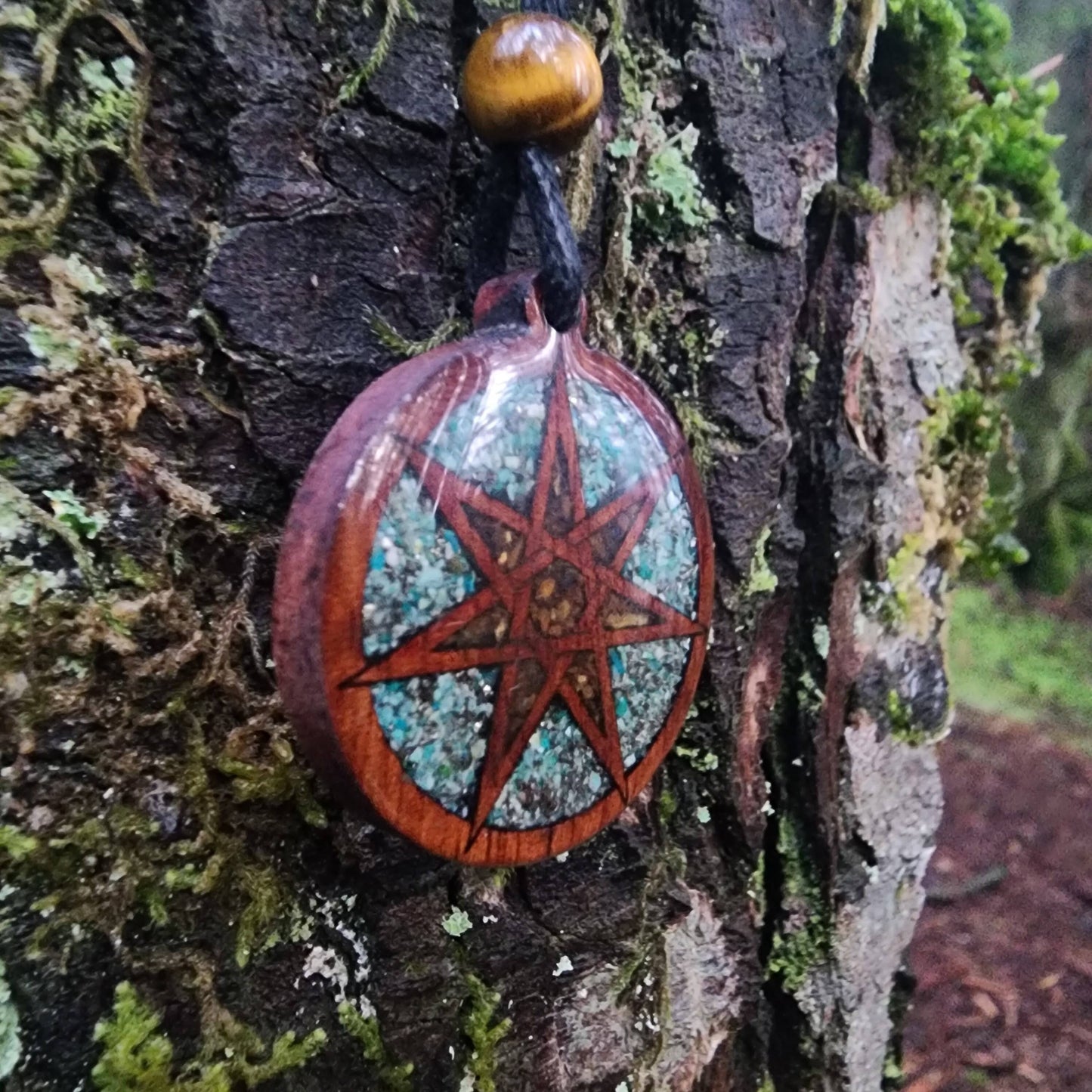 Faery Star - Chrysocolla - Pyrite - Tigers Eye - Wood Pendant - Necklace