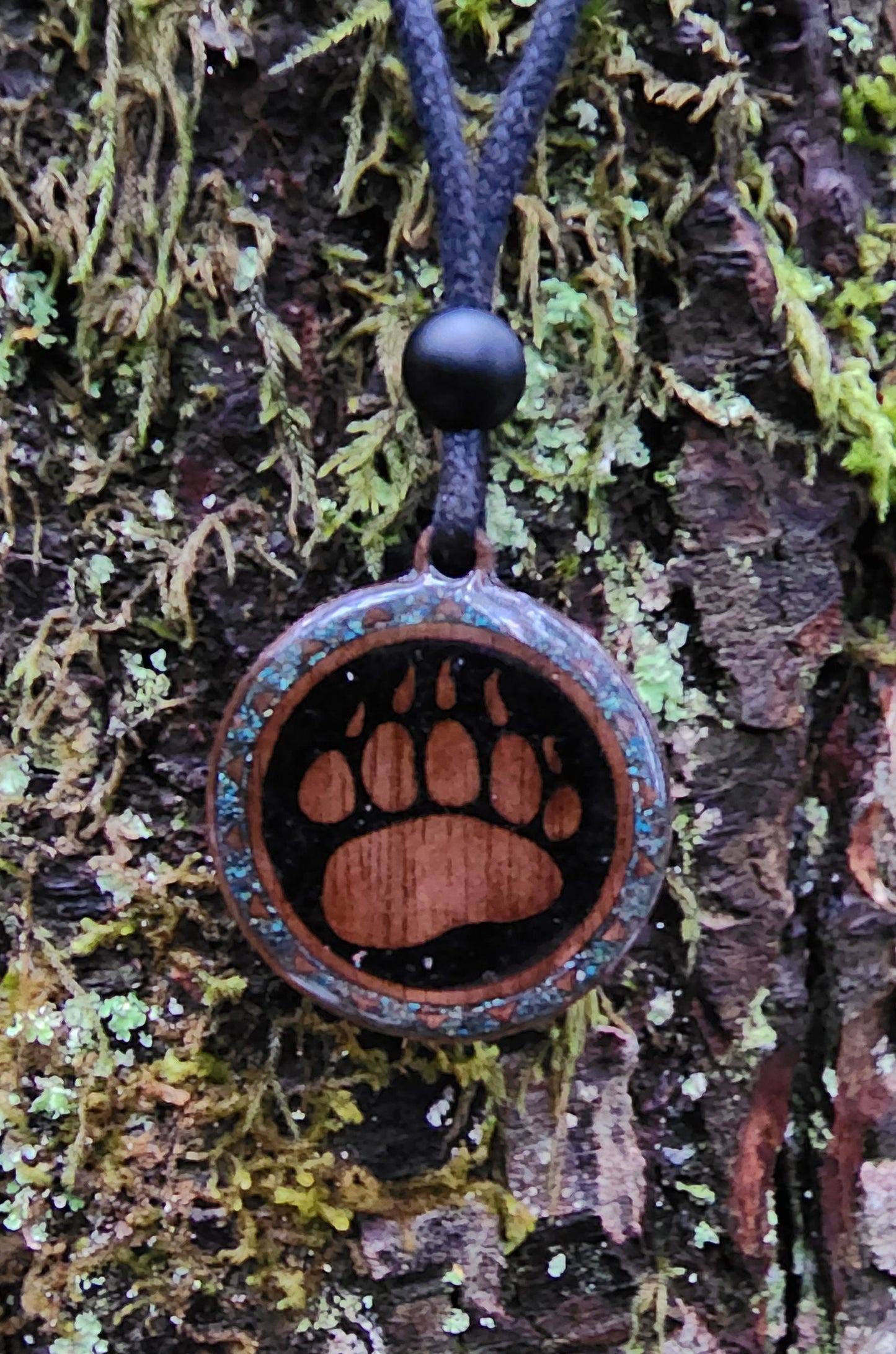 Black Tourmaline - Phoenix Turquoise - Bear Totem - Paw - Wood Pendant - Necklace