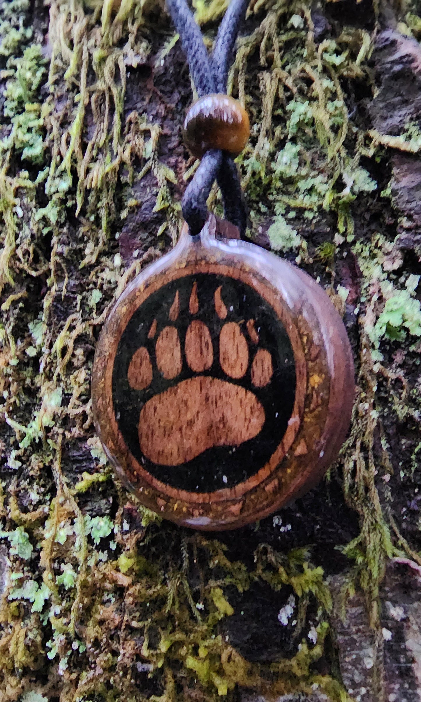 Black Tourmaline - Tigers Eye - Bear Totem - Paw - Wood Pendant - Necklace