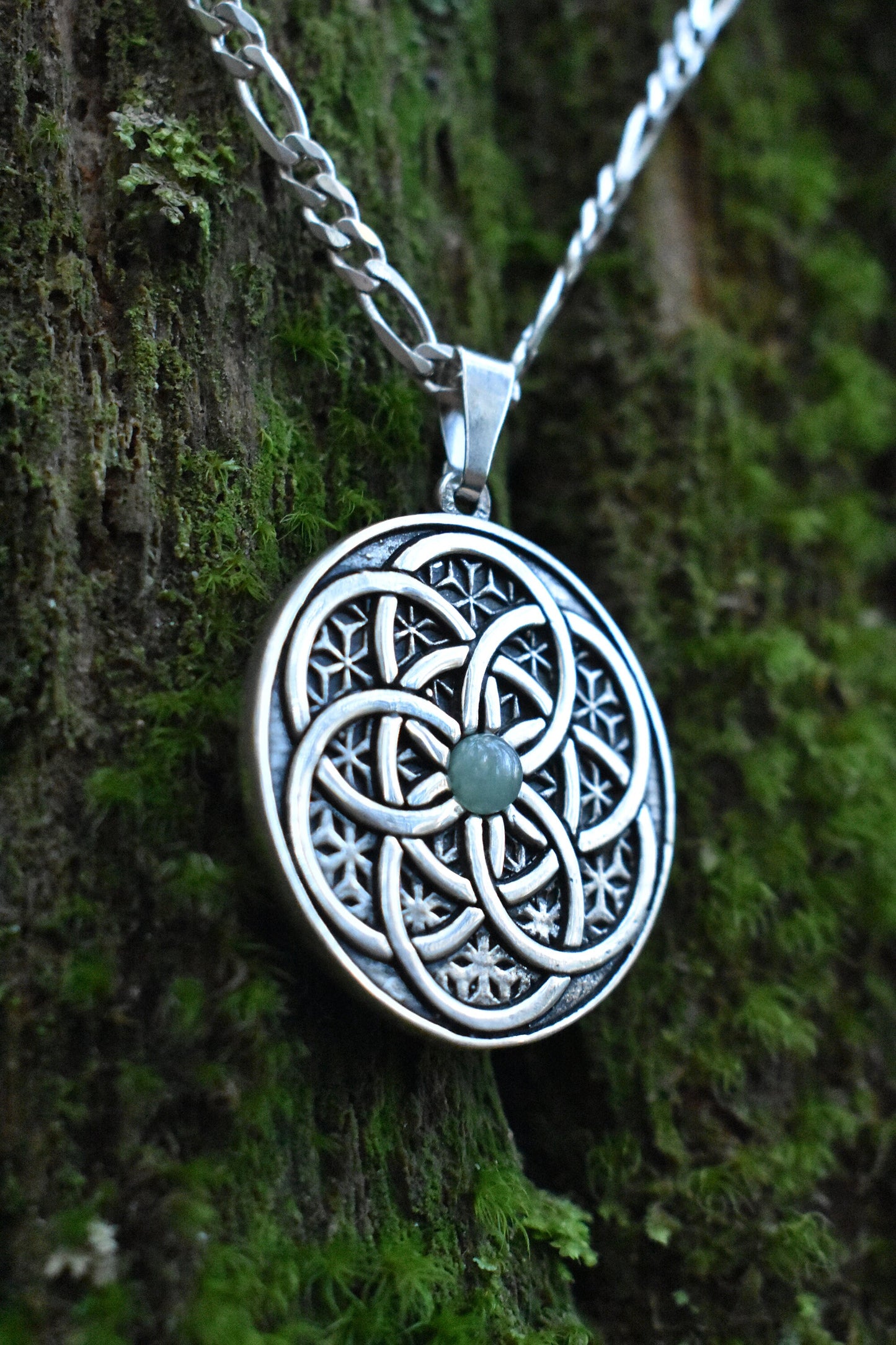 Sterling Silver Seed of Life Pendant - Double Sided - Green Aventurine