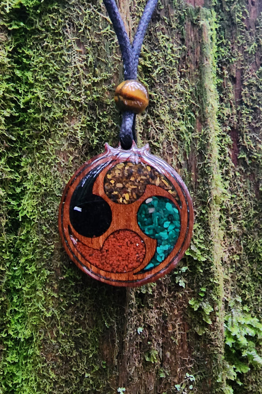 Yottsudomoe Wood Pendant - Necklace with Black Tourmaline - Malachite -Tigers Eye - Red Jasper