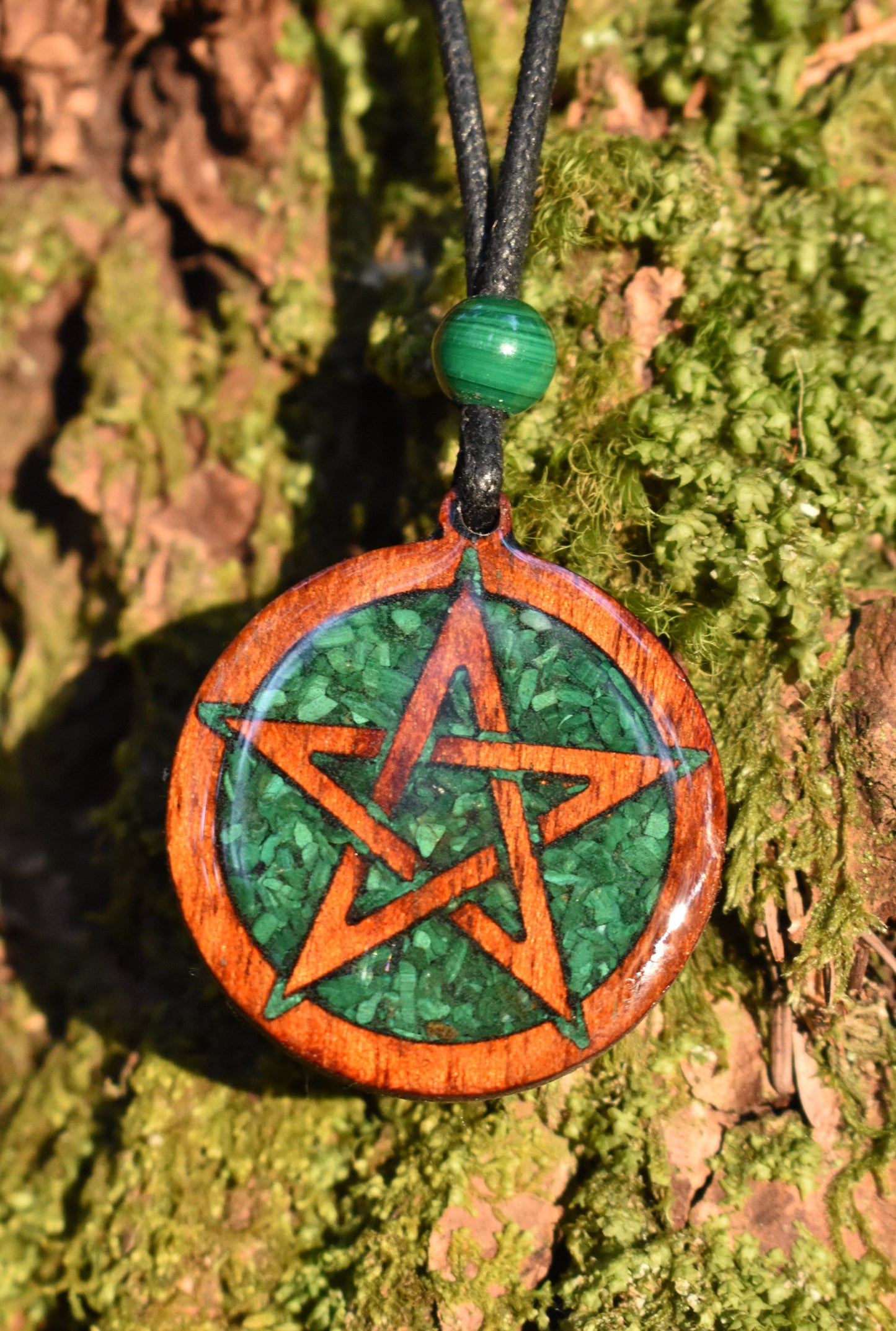 Malachite Pentagram Wood Pendant - Necklace