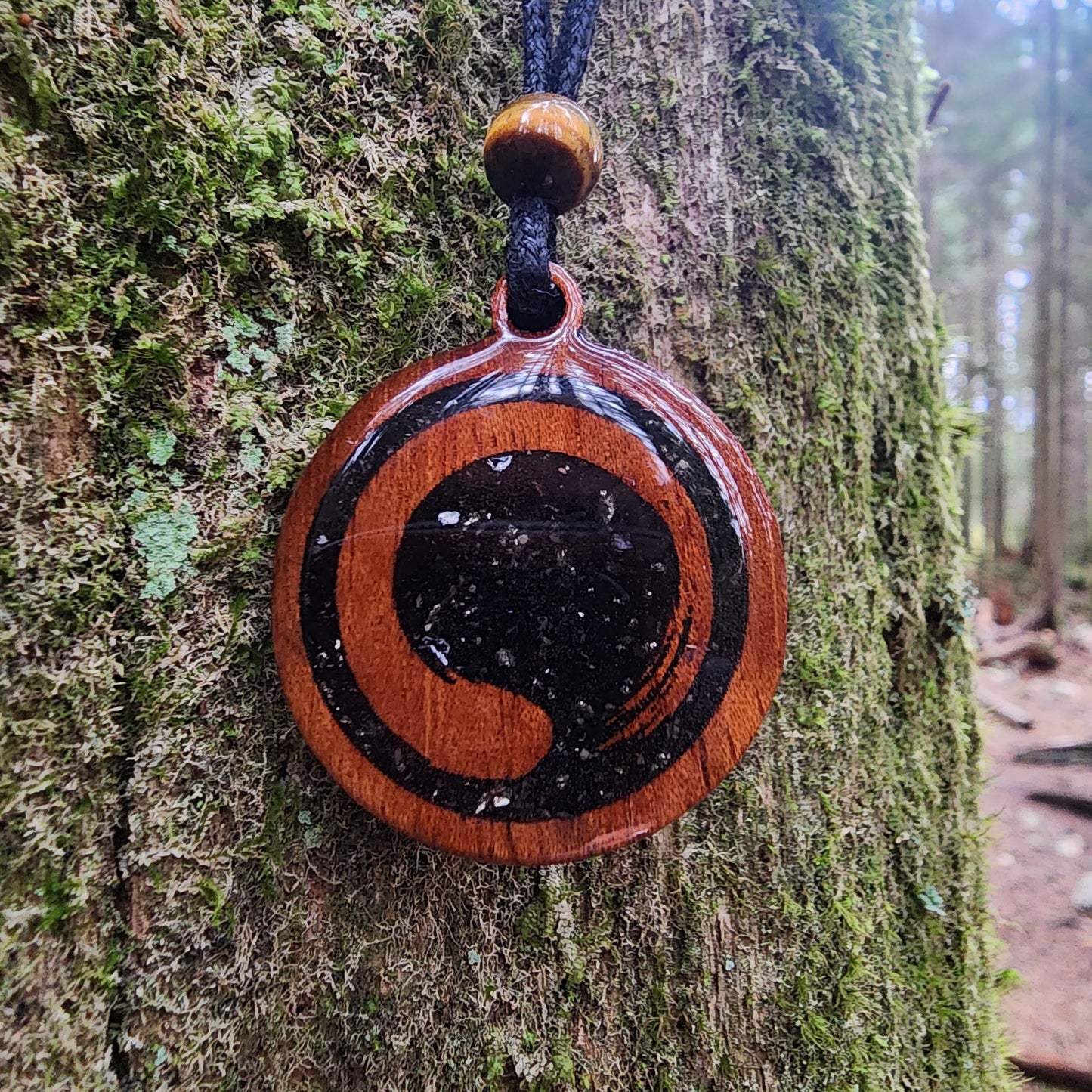 Enso Wood Pendant - Necklace with Black Tourmaline - Pyrite