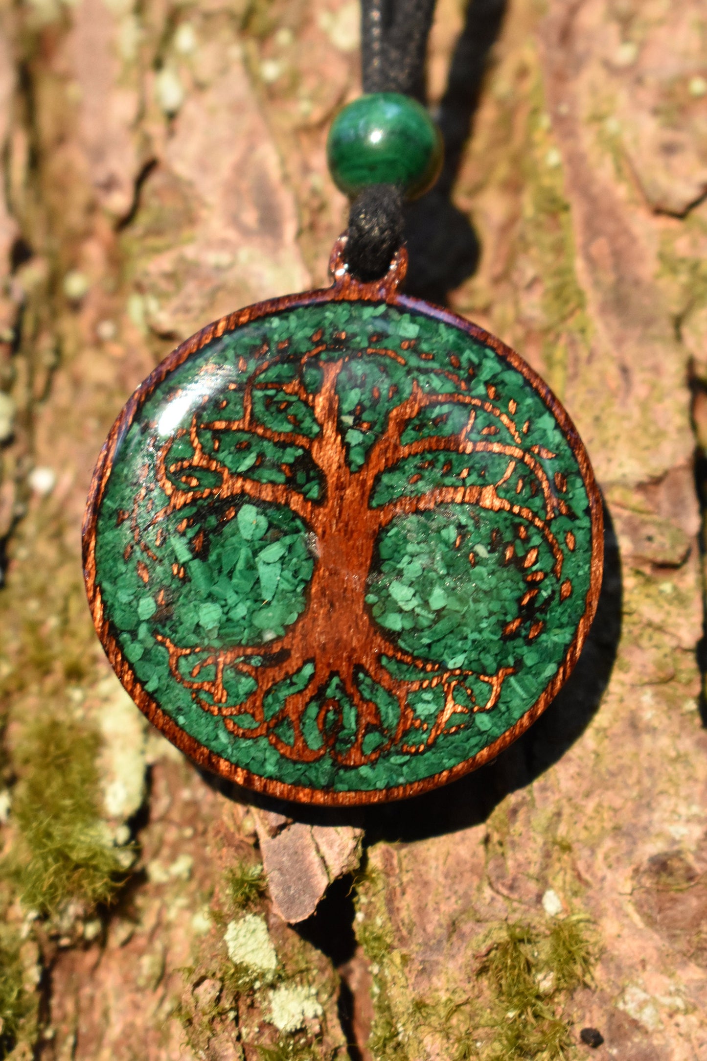 Malachite Tree of Life Wood Pendant  - Necklace - Version 2