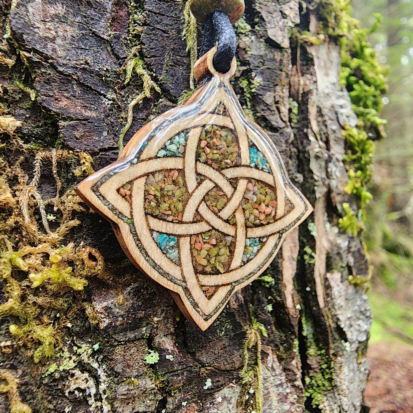 Witches Knot with Unakite - Chrysocolla - Wood Pendant - Necklace