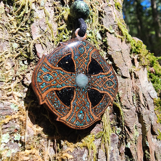 Druid Cross with Green Aventurine - Black Tourmaline - Phoenix Turquoise  - Wood Pendant - Necklace