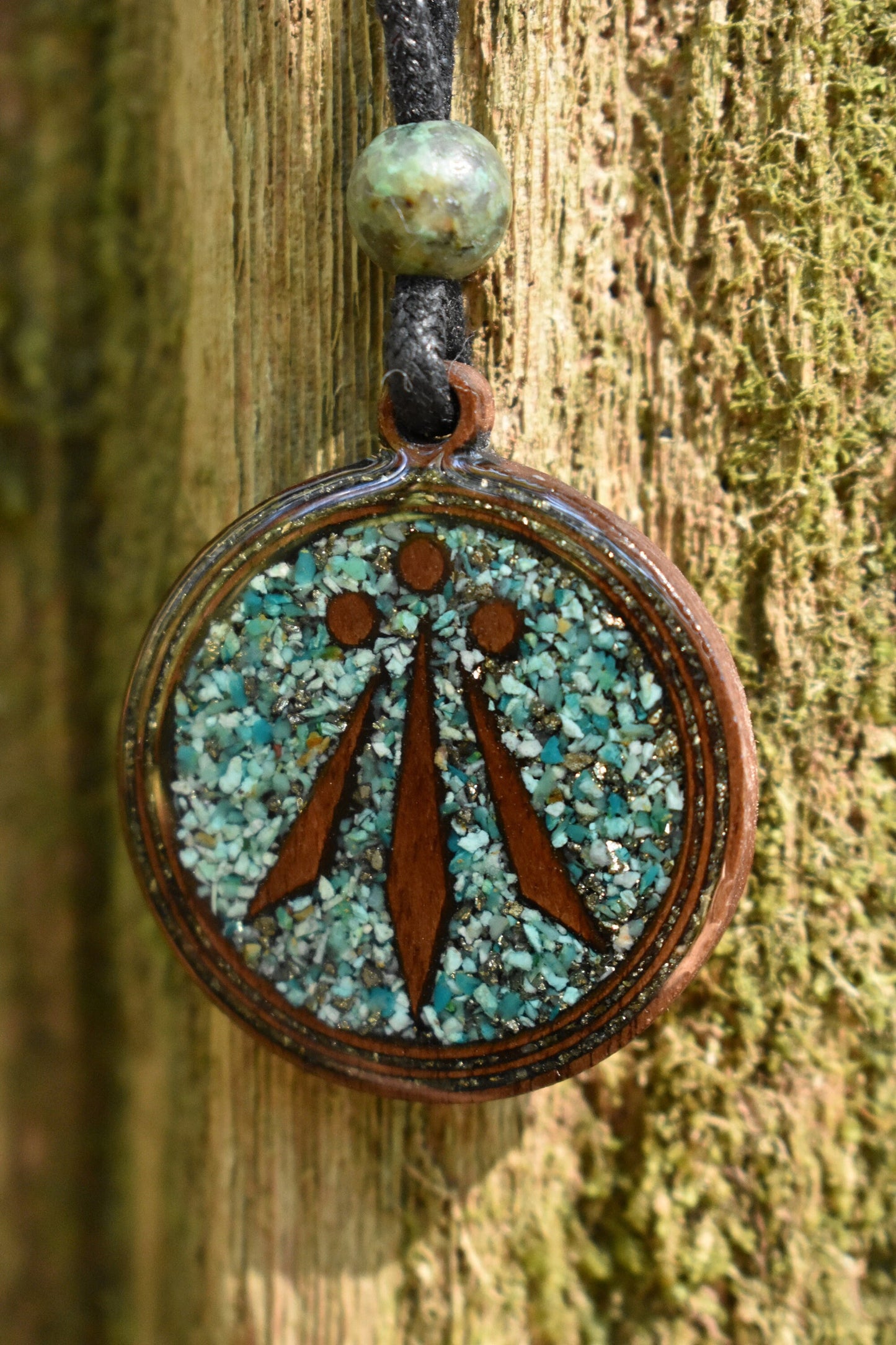 Chrysocolla & Pyrite - Awen Symbol - Wood Pendant - Necklace