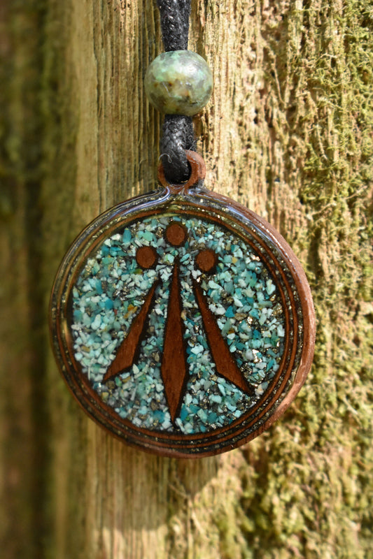 Chrysocolla & Pyrite - Awen Symbol - Wood Pendant - Necklace