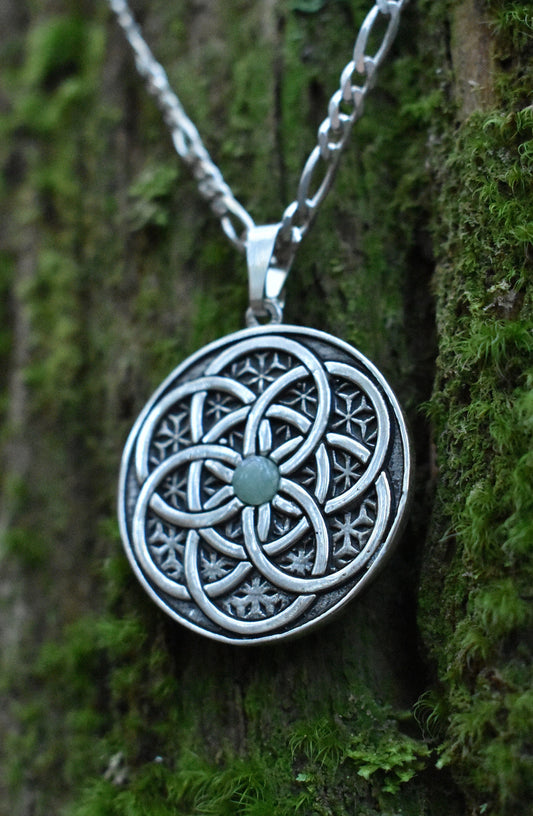 Sterling Silver Seed of Life Pendant - Double Sided - Green Aventurine