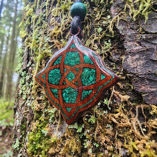 Witches Knot with Malachite - Wood Pendant - Necklace