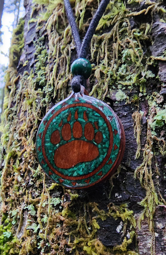 Malachite - Bear Totem - Paw - Wood Pendant - Necklace