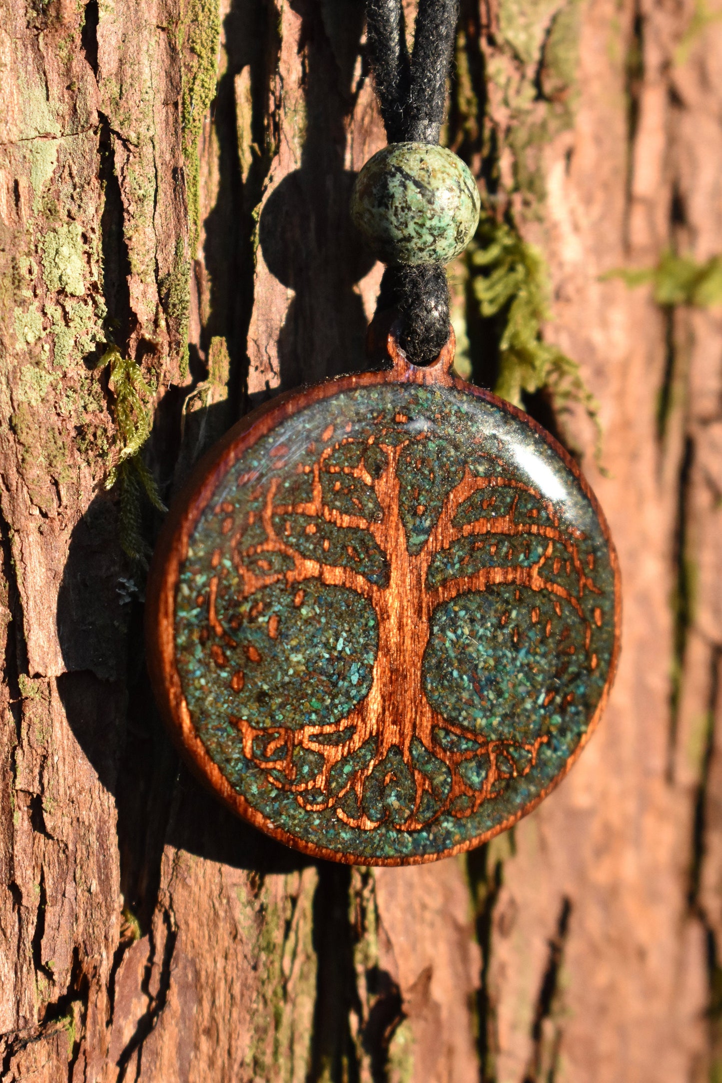 Phoenix Turquoise - Tree of Life Wood Pendant  - Necklace - Version 2