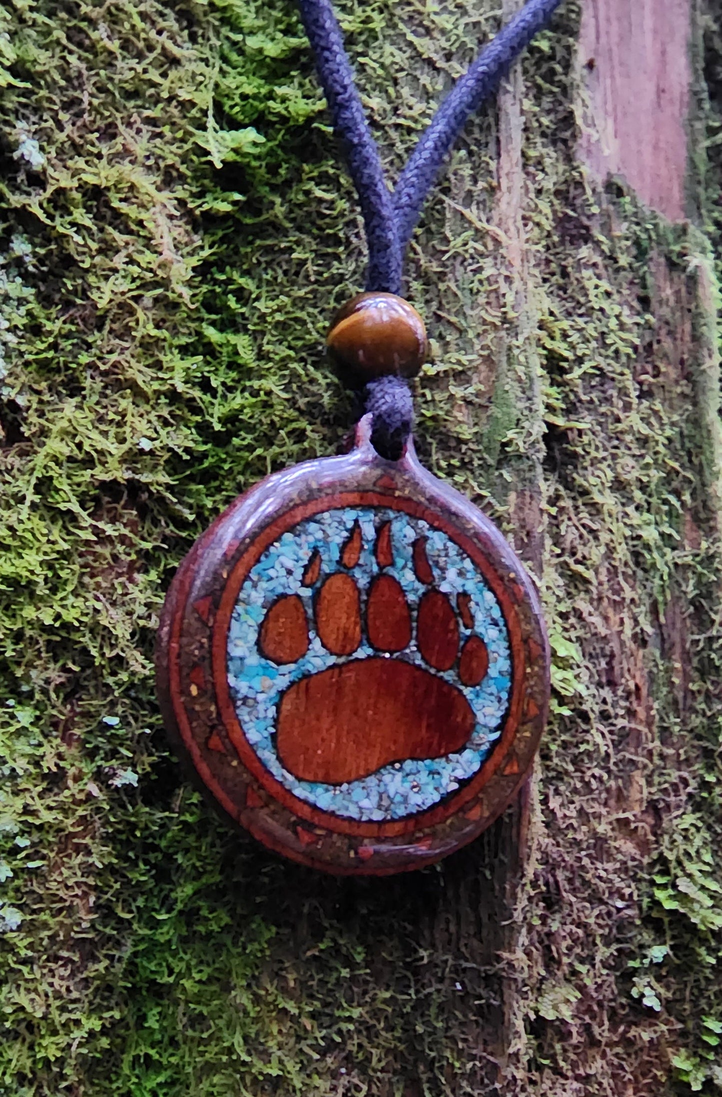 Chrysocolla - Tigers Eye - Bear Totem - Paw - Wood Pendant - Necklace