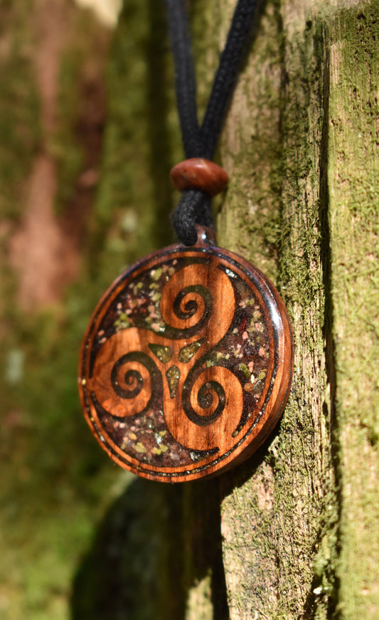 Garnet & Unakite Triskelion Wood Pendant - Necklace
