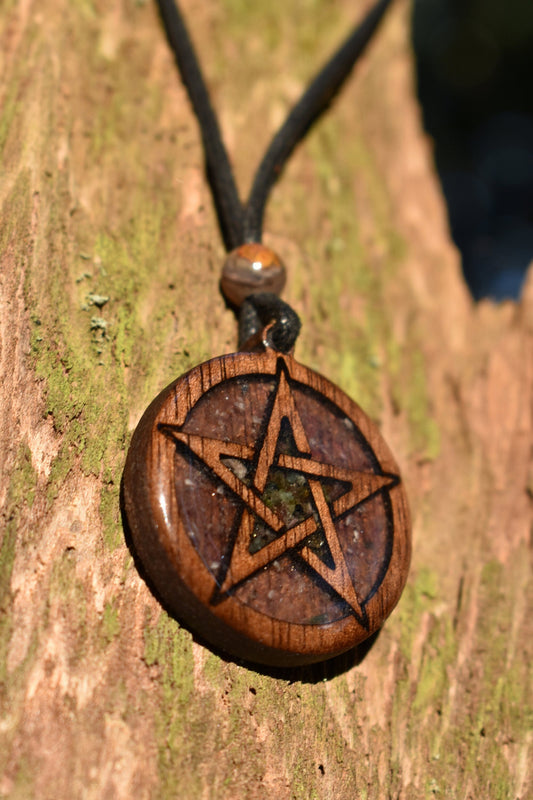 Amethyst & Rainbow Tourmaline  Pentagram Wood Pendant - Necklace