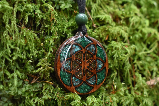 Seed of Life Pendant - Necklace with Chrysocolla - Pyrite - Tigers Eye - Malachite