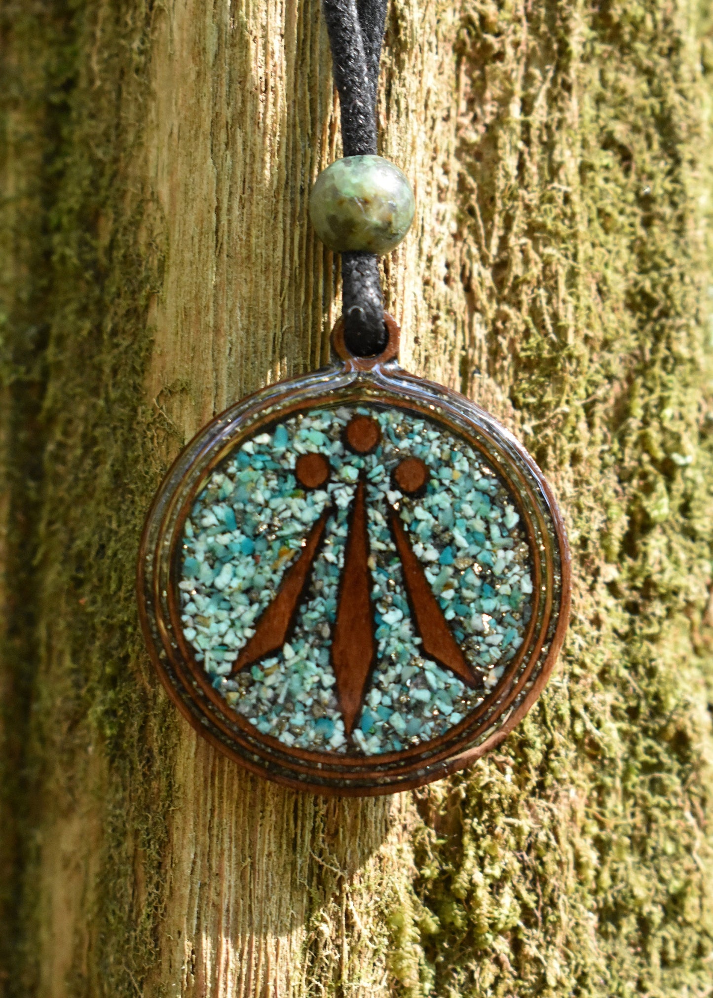 Chrysocolla & Pyrite - Awen Symbol - Wood Pendant - Necklace