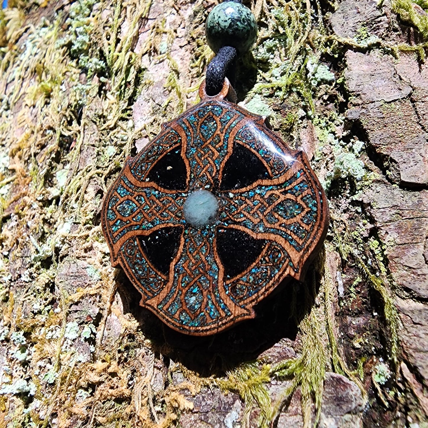 Druid Cross with Green Aventurine - Black Tourmaline - Phoenix Turquoise  - Wood Pendant - Necklace