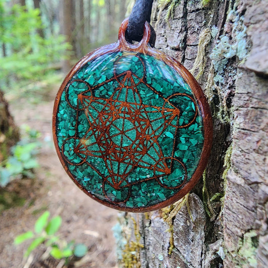 Metatron's Cube - Malachite - Wood Pendant - Necklace